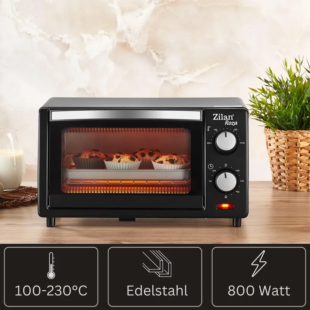 Zilan Electric Oven 9L Double Safety Glass Timer 2-Piece Quartz Resistance Crumb Plate 1 Square Plate Chrome Grill 800 W