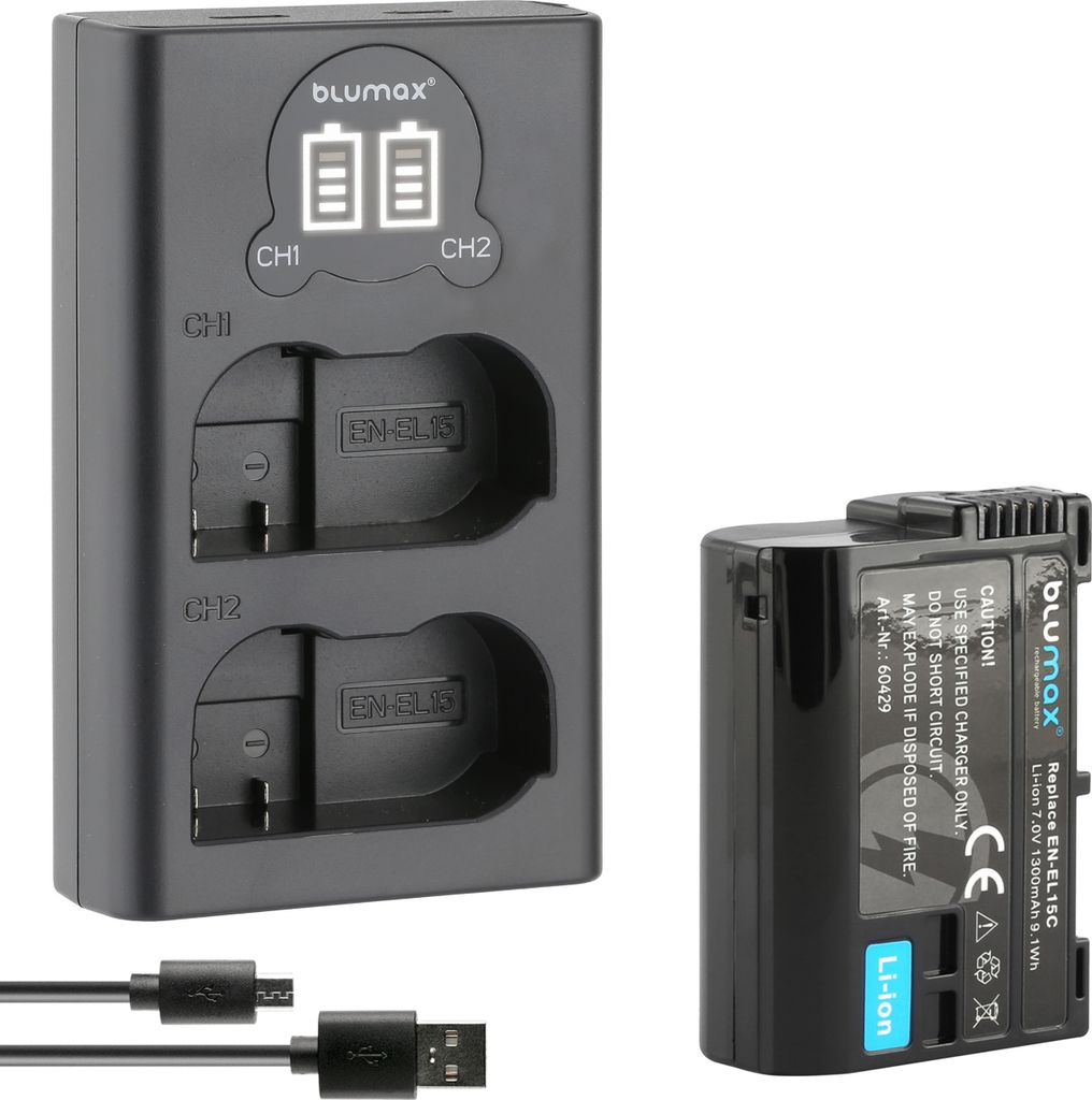 1x Akku + LCD Lader für Nikon EN-EL15C D7000, Z5 Z6 Z7 II D7500 1300 mAh 7,0V