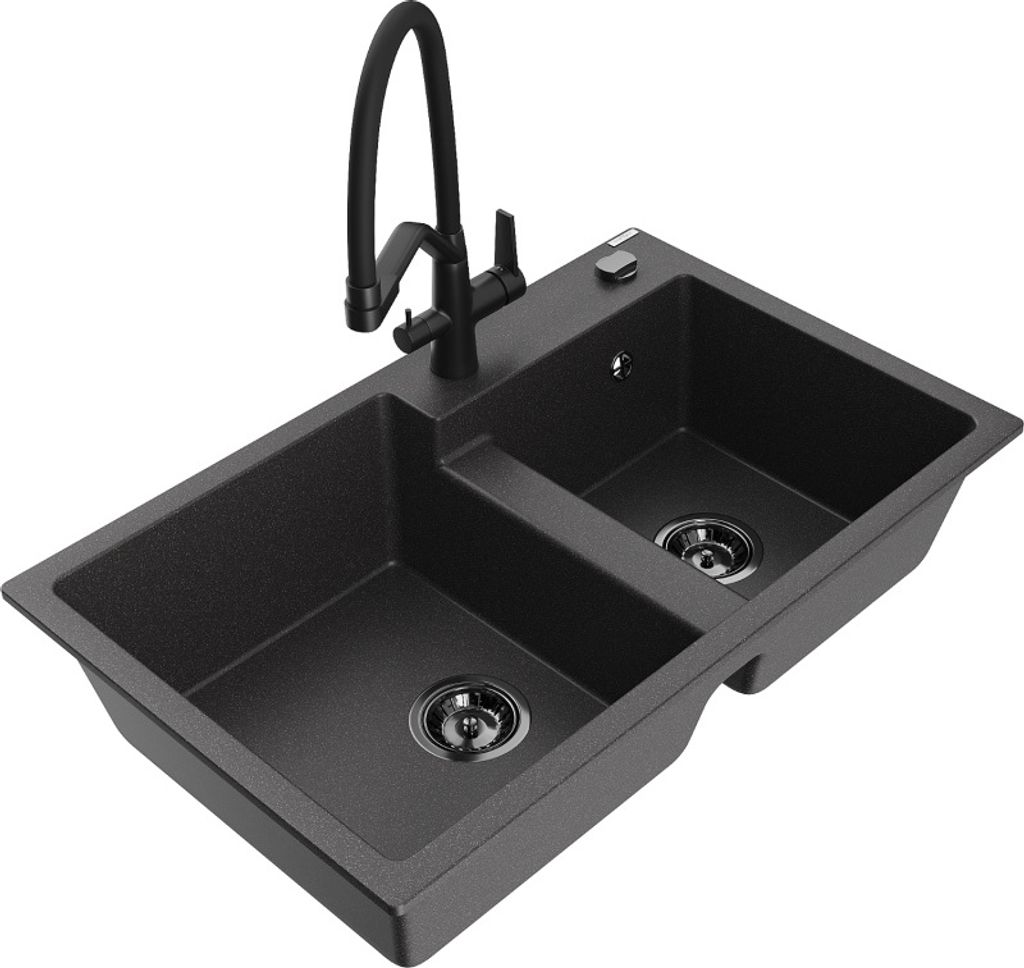 Mexen Tomas 2-Becken-Granitspüle mit Mischbatterie Duo, Schwarz gesprenkelt - 6516-76-671701-70-B