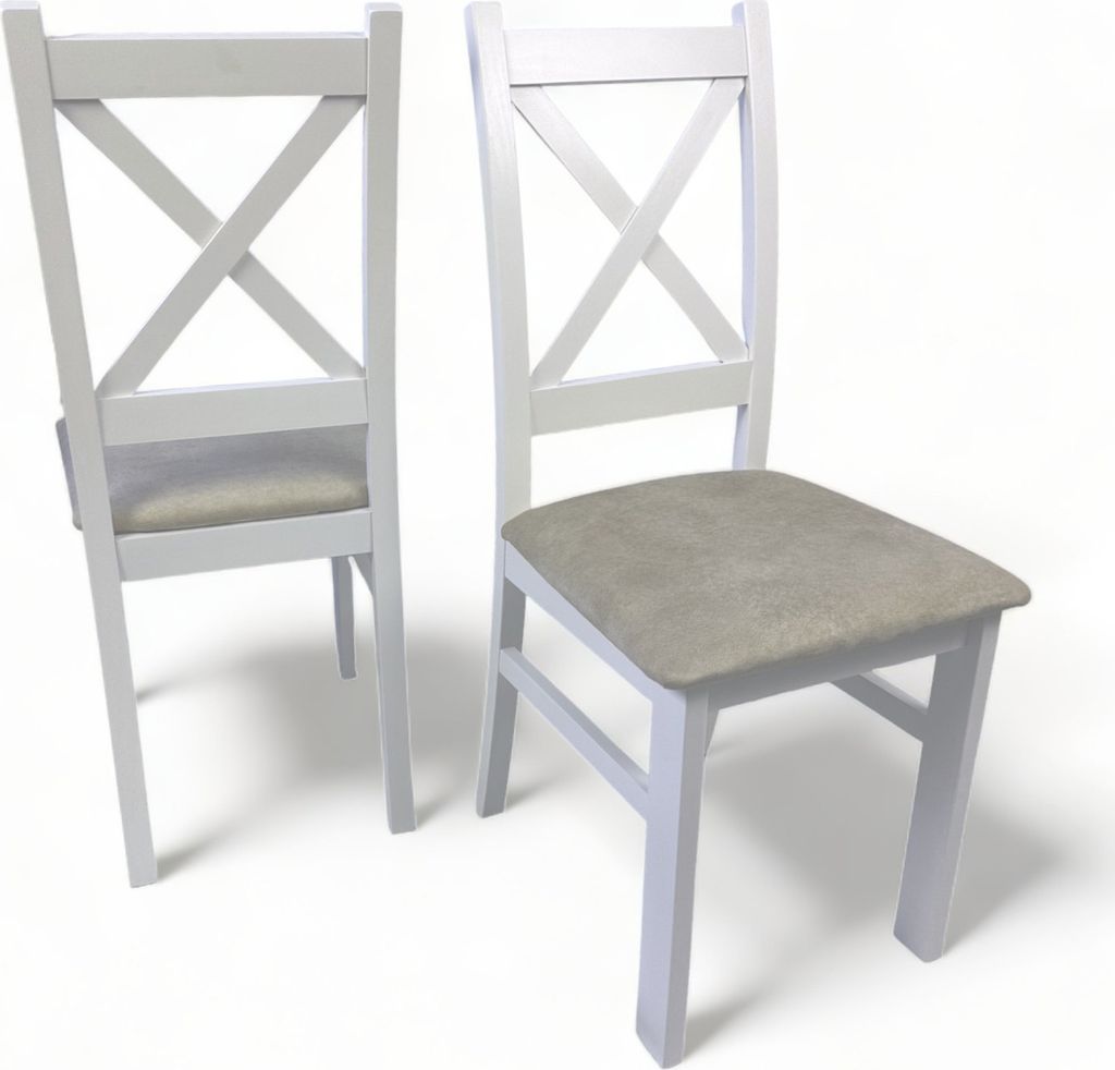 2x Weißer Holz-Kreuzrückenstuhl mit gepolstertem Sitz Beige