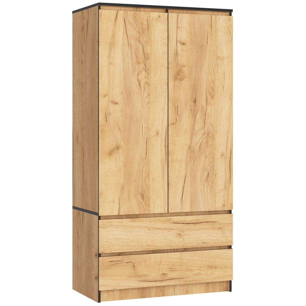 Kleiderschrank – Schlafzimmerschrank – Schrank mit Kleiderstange – Craft Eiche – 90 cm – Eleganter Drehtürenschrank mit 2 Türen und 2 S...