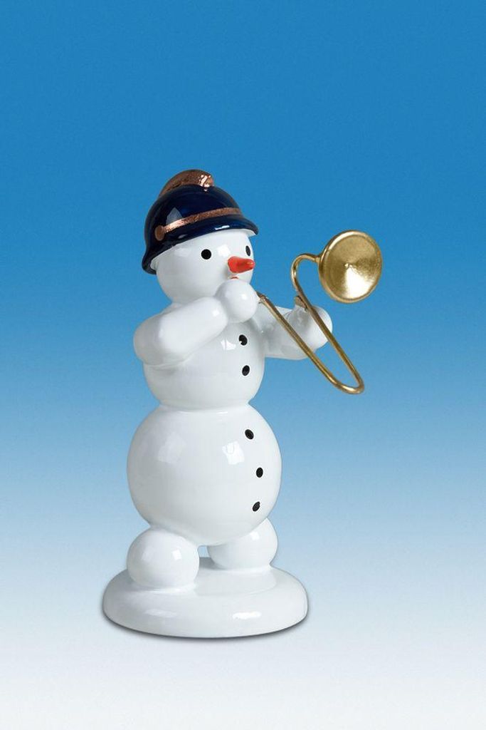 Holzfigur Schneemann Musikant mit Posaune Höhe 6,5cm NEU