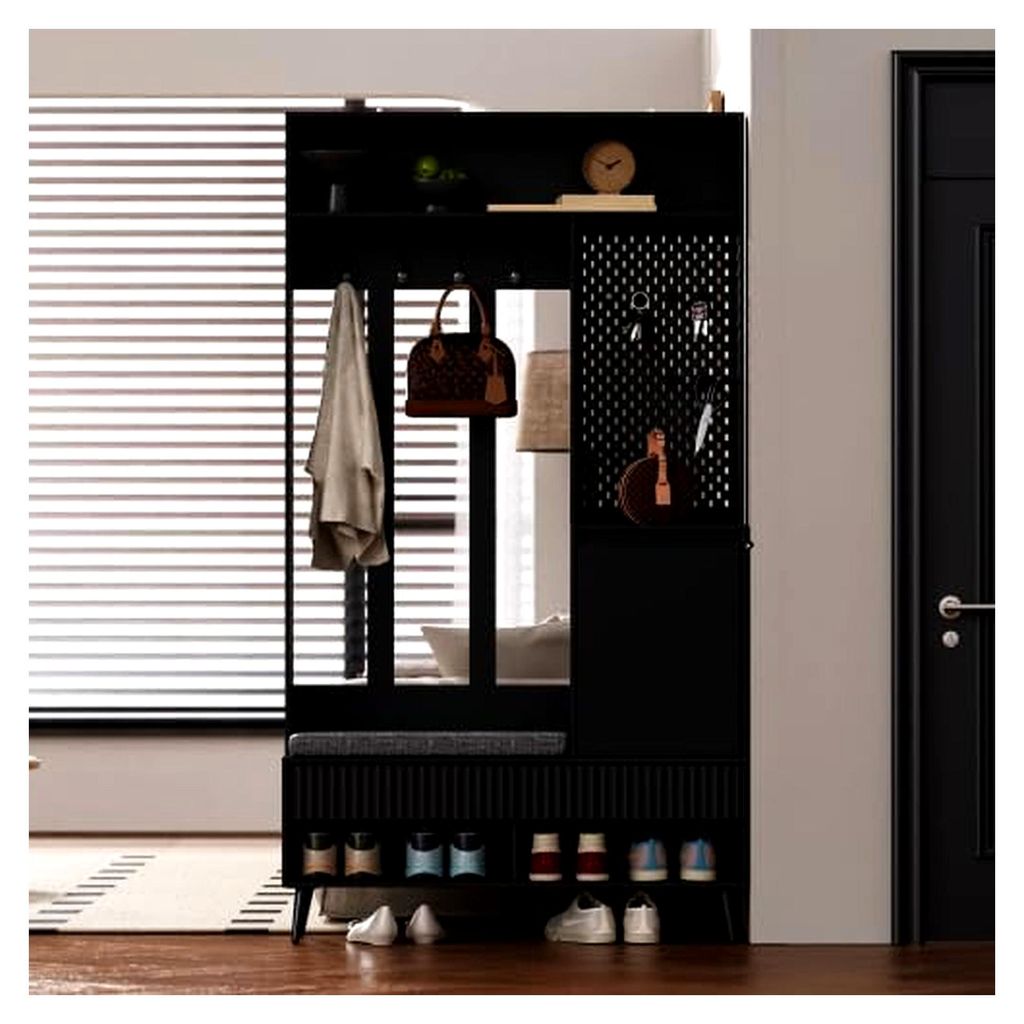 Schwarzes Garderobenset mit Schuhschrank und multifunktionaler Flurgarderobe