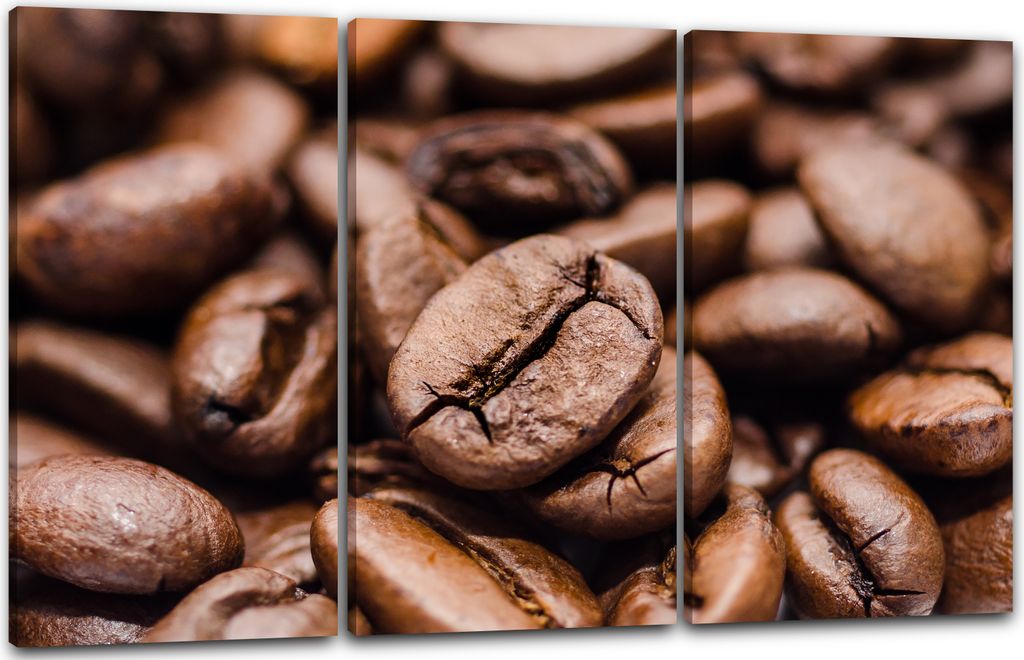 Leinwandbild 3-teilig (120x80cm): Essensbilder Kaffee Cappuccino Kaffeebohnen in Nahaufnahme, echter Holz-Keilrahmen inkl. Aufhänger, handgefertig...