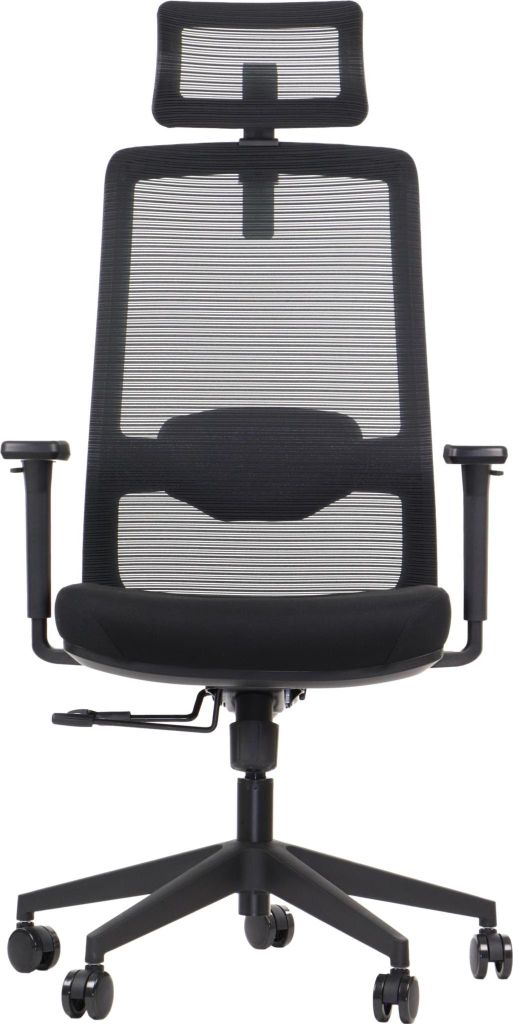 Ergonomischer Bürodrehstuhl WISTER, Nylon Basis, verstellbare Armlehnen, Kopfstütze und Lordosenstütze, Sitzverlängerung, Schwarz