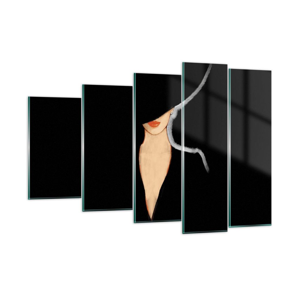 Bilder auf glas - 5 Teile - Schwarz Frau Hut - 150x100cm - Glasbilder - Wandbilder - Bilder - zum Aufhängen bereit - Wanddekoration aus Glas - Gla...