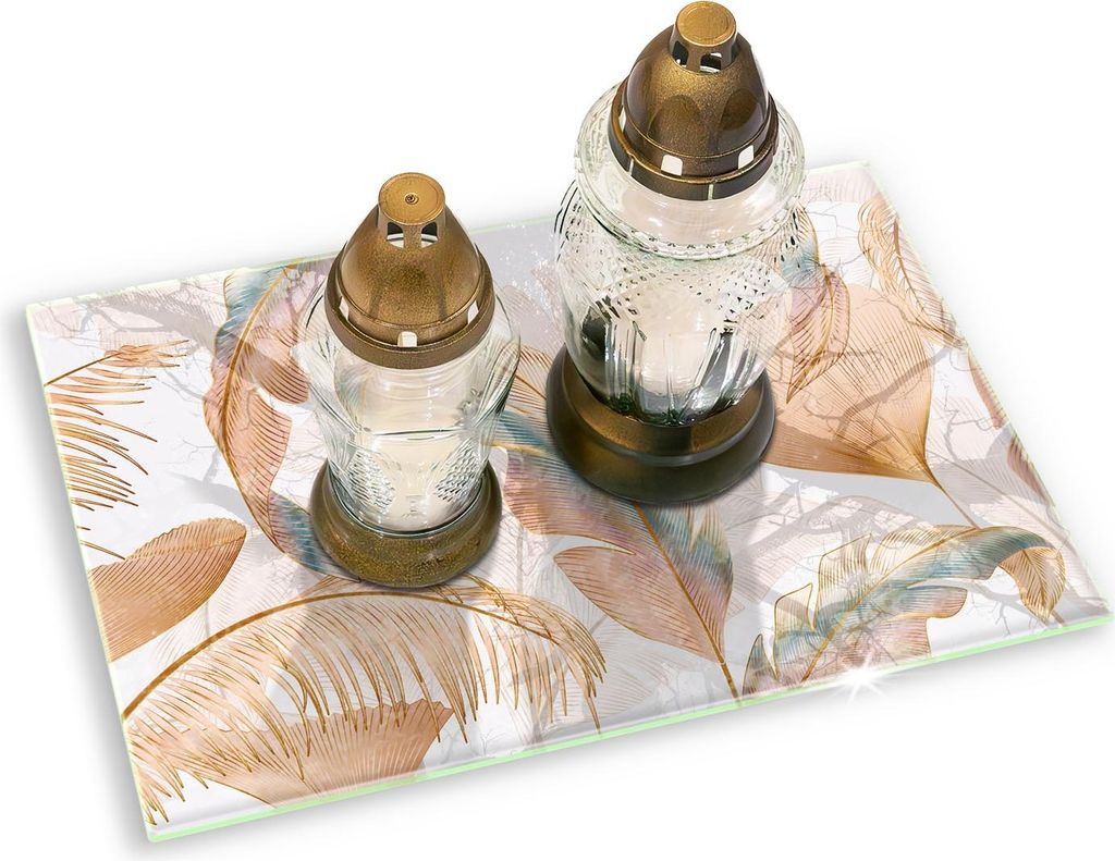 Glasplatte für Grabkerzen Gummifüße Glas Motiv - 80x52 cm - Boho-Federn und Blätter