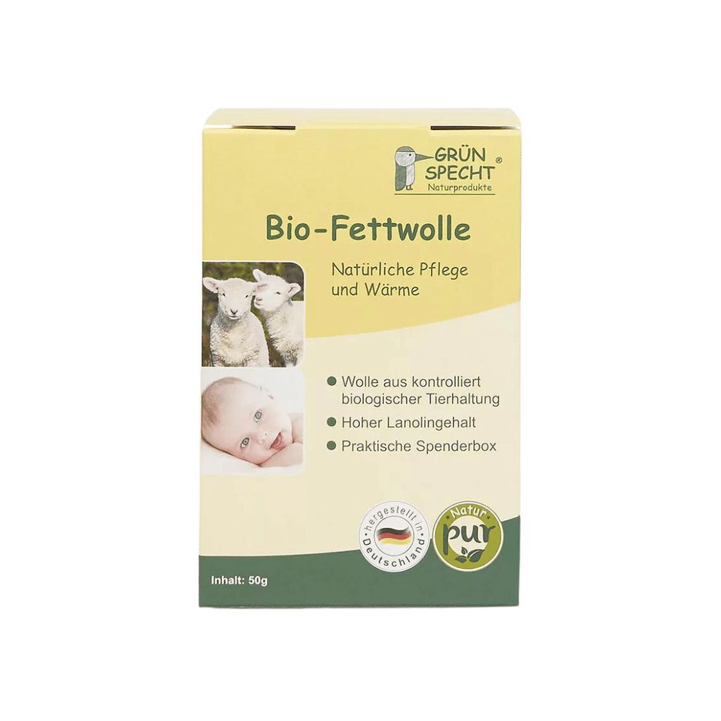 A product box for Grünspecht Bio-Fettwolle.