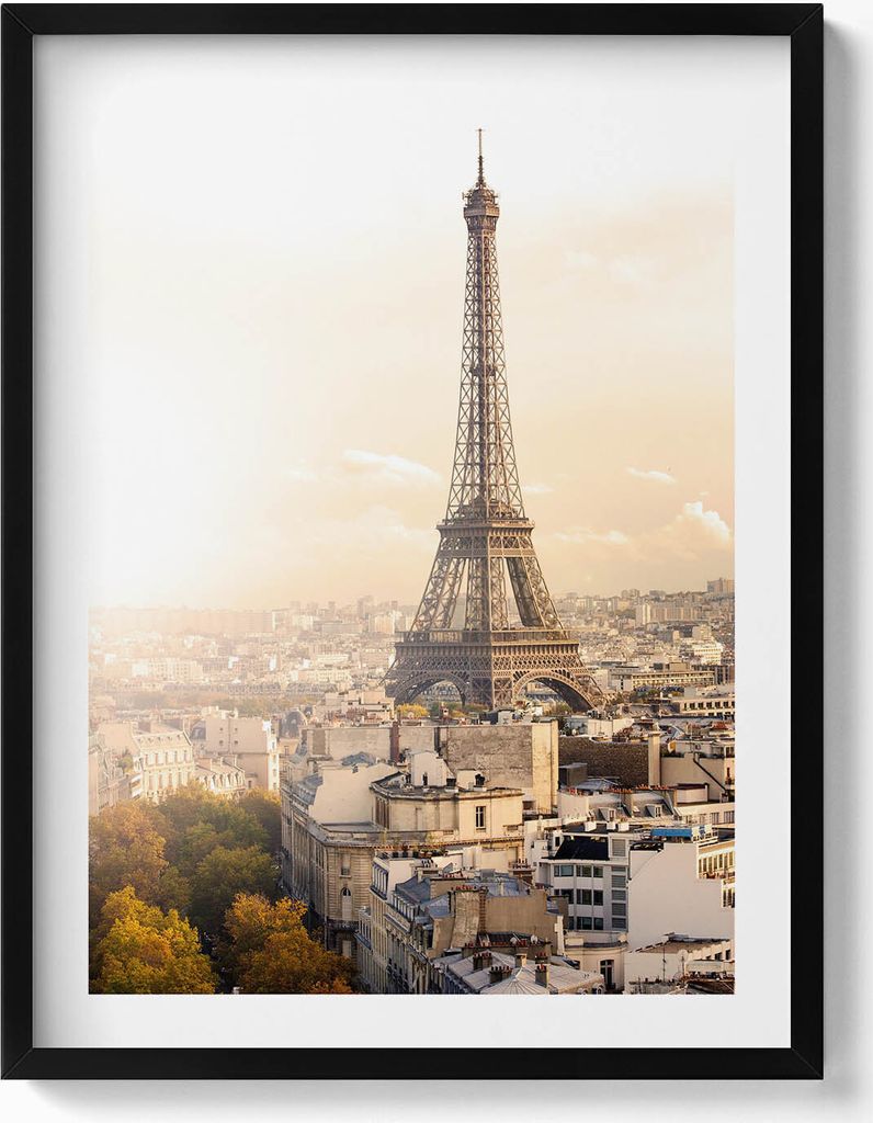 Blick auf den Eiffelturm– Wandbild mit Rahmen – Gerahmtes Bild – Wanddekoration – 60x80 cm – Schwarz Rahmen