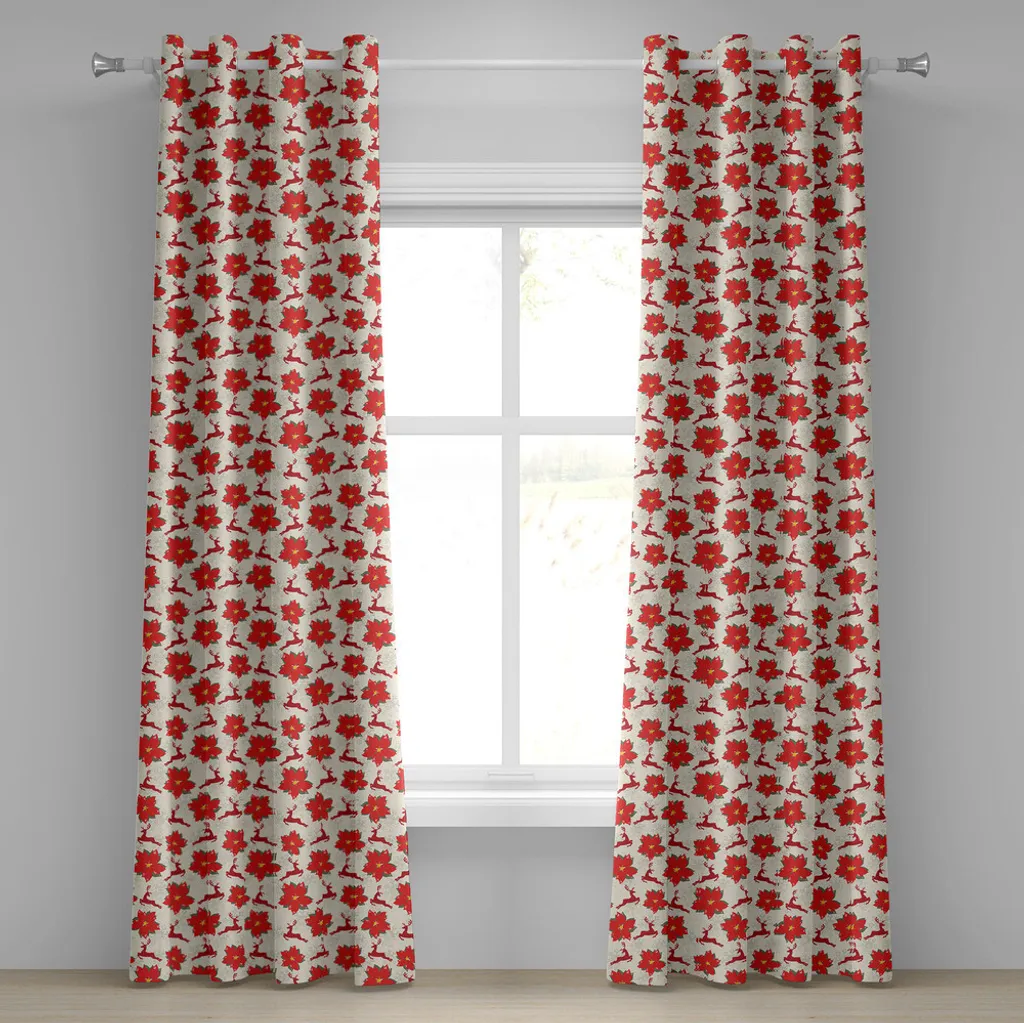 ABAKUHAUS Tenda natalizia con occhielli, vivaci fiori di poinsettia con renne al galoppo e numeri a forma di fiocchi di neve, tende decorative a 2 pannelli, 280 cm x 245 cm, rosso rubino beige