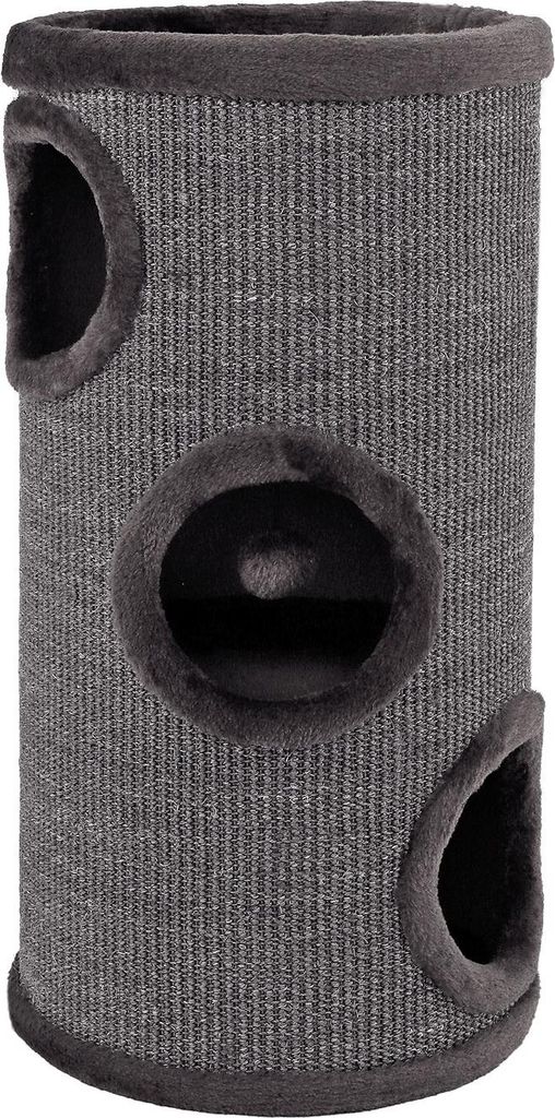 A cylindrical cat scratching tower with multiple openings and soft trim.