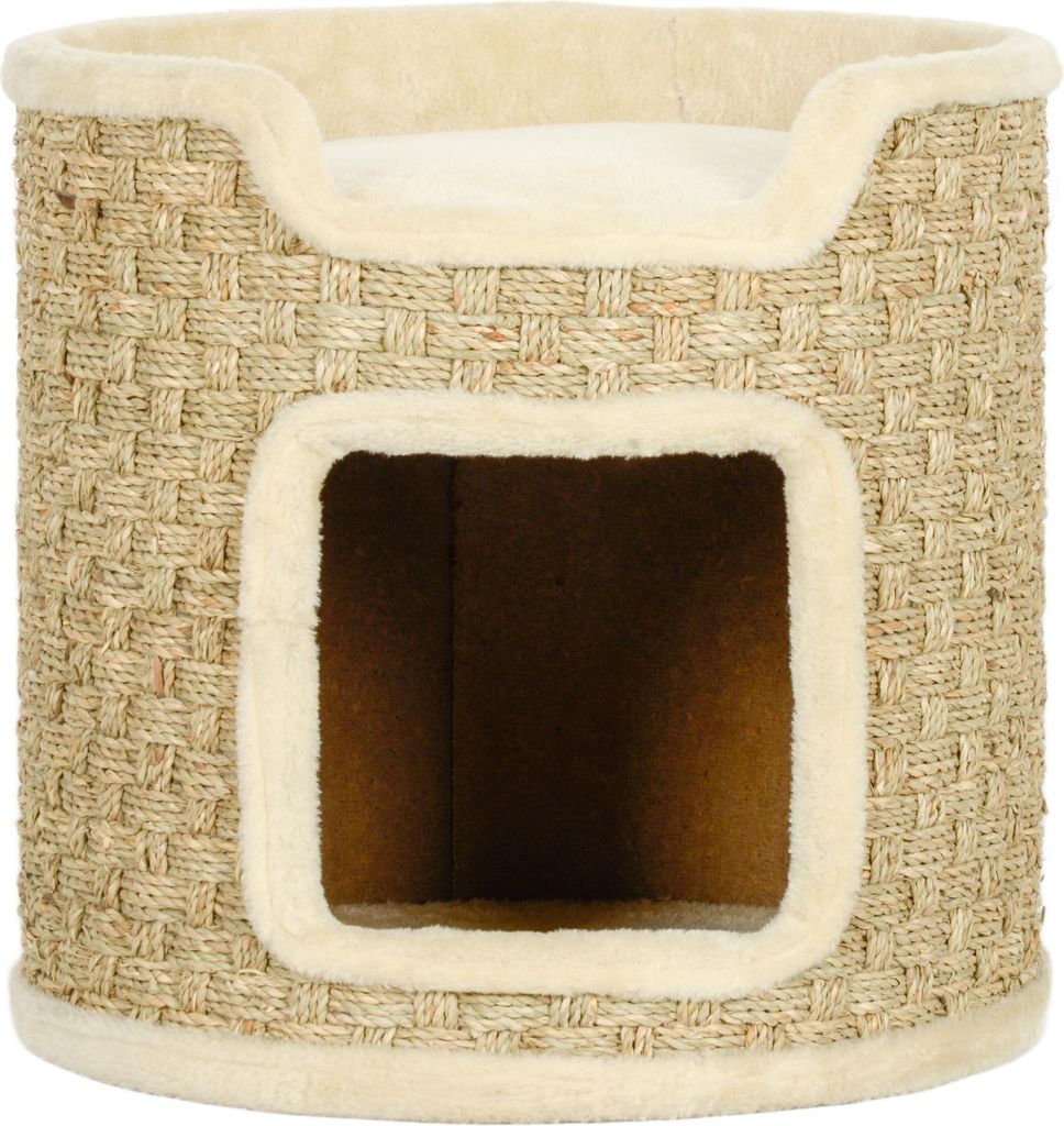 Plüsch Kratzbaum für Katzen, Spiel- und Entspannungsbereich, Khaki-Beige, Φ38 x 37H cm, bis 5 kg