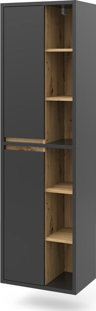A tall, narrow cabinet with a dark gray exterior and open wooden shelves on the right side.