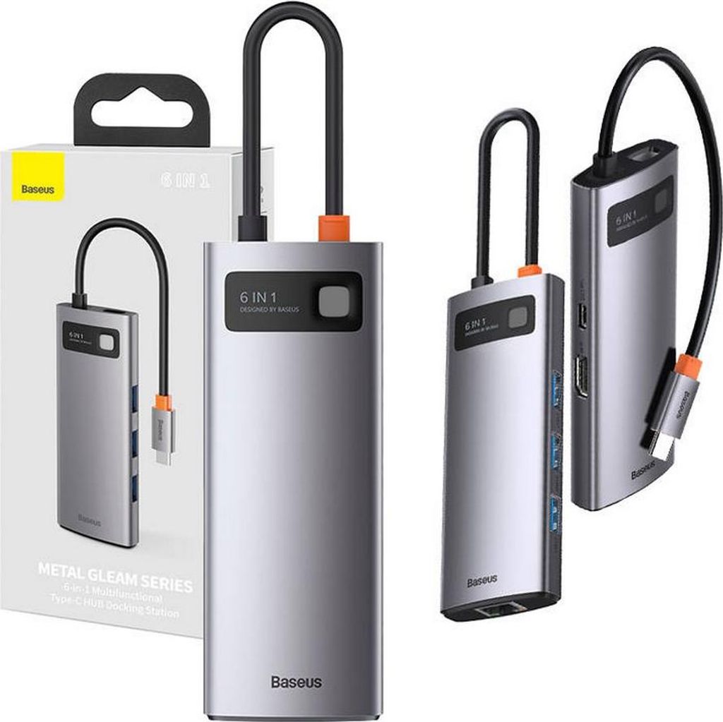 Baseus Metal Gleam 6in1 Hub, USB-C zu 3x USB 3.0 + HDMI + USB-C PD + Ethernet RJ45