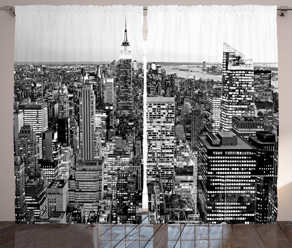 ABAKUHAUS Landschaft Rustikaler Vorhang, New York Manhattan, Wohnzimmer Universalband Gardinen mit Schlaufen und Haken, 280 x 225 cm, Grau