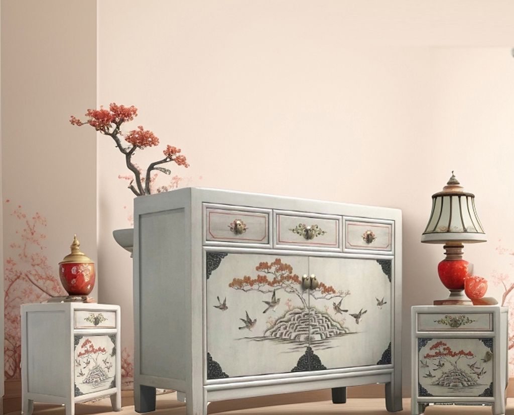 Chinesische Asia Möbel-Kombination Vintage hellgrau-beige Sideboard Kommode Schrank Hochzeitsschrank, 2 Nachttische Nachtkonsolen Nachtschränke s...