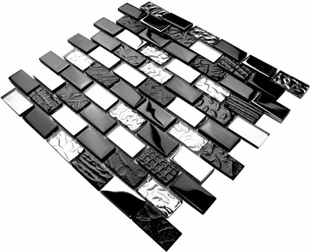 Schwarzes und silbernes Glasmosaik „VOLCANO C“, schwarzes Mosaik, glänzende Fliese für Küche und Bad
