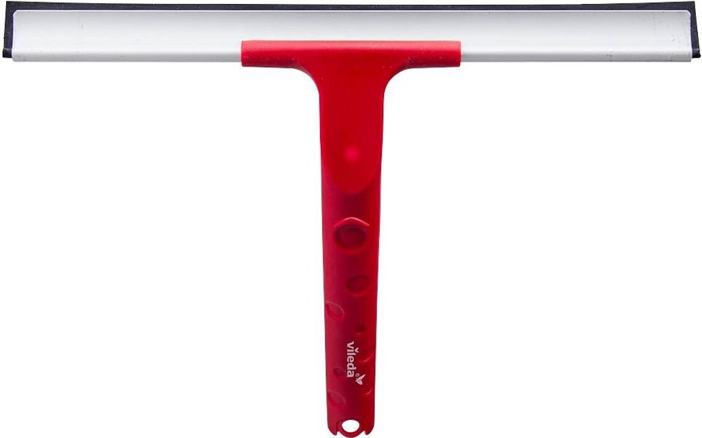 A red and black Vileda window squeegee is shown against a white background.