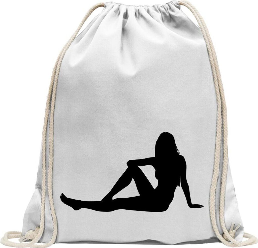 Kiwistar - Turnbeutel - weiss - y Girl sitzend - Fun Rucksack Sport Beutel Gymsack Baumwolle mit Ziehgurt