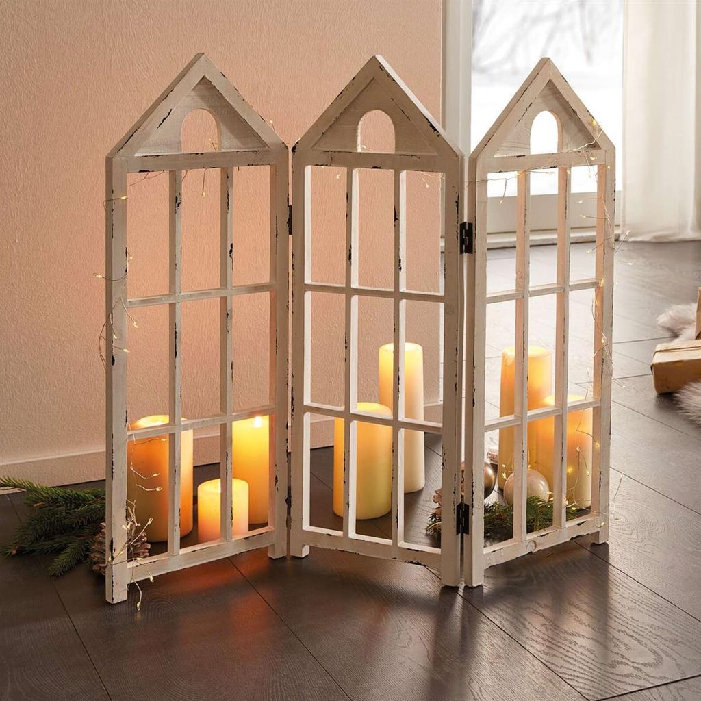 Deko Paravent "Häuser" aus Holz im Shabby Look, weiß, 66x59 cm, freistehend, 3 teilig, Mini Raumteiler