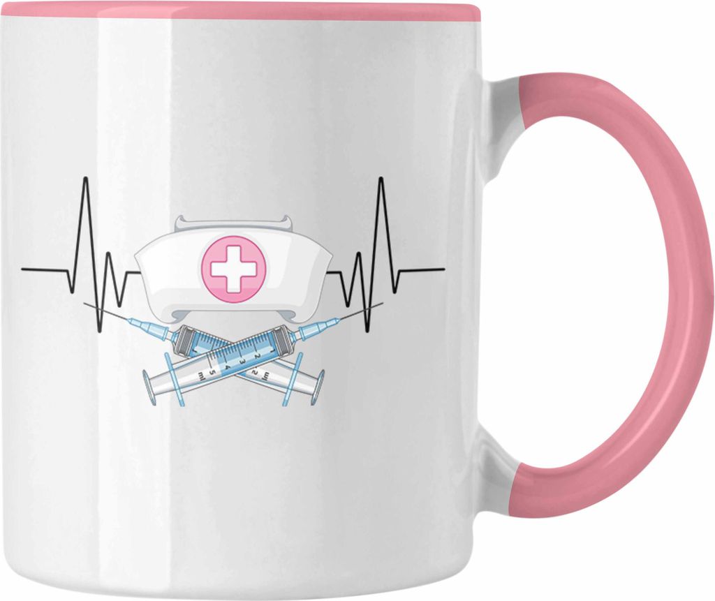 Trendation - Spritze Krankenschwester Herzschlag Tasse Geschenk für Ärztin Krankenhaus Hobby Geschenkidee (Rosa)