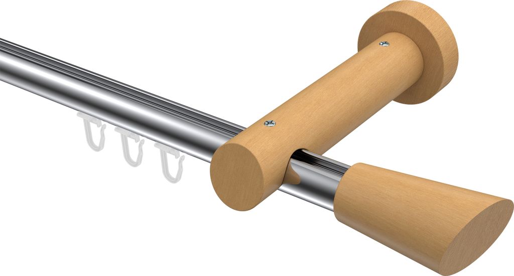 Interdeco Innenlaufstange / Gardinenstange mit Innenlauf Chrom / Buche lackiert, Typ Talent Bero (Konus Schräge), 20 mm Ø 1-läufig, 220 cm