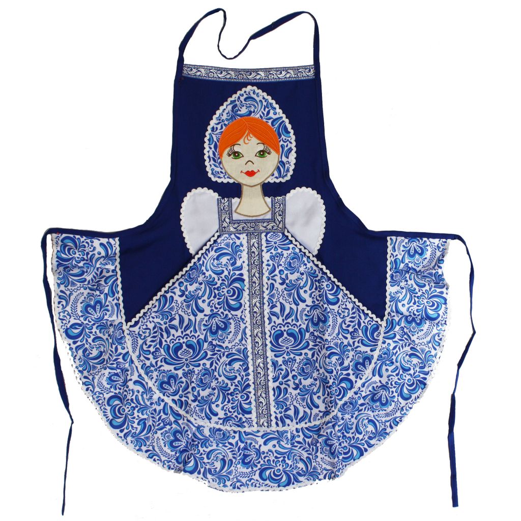Matroschka Schürze Damen Kochschürze mit Schleife Patchwork Design gesticktes Gesicht Kokoschnik Blau-Weiß
