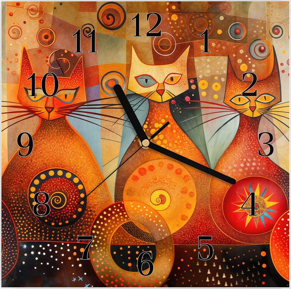 Wanduhr aus Glas mit Motiv Katzenkunstwerk- 30 x 30 cm - inkl. Aufhängesystem