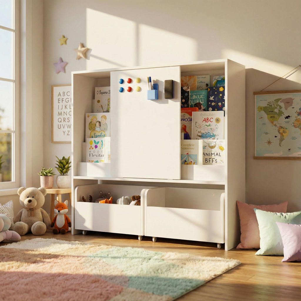 Kinderregal mit Maltafel, 2 Schubladen mit Rollen, Kippschutzvorrichtung, für Kinderzimmer, Arbeitszimmer, Weiß, MDF, 80 × 90 × 30cm