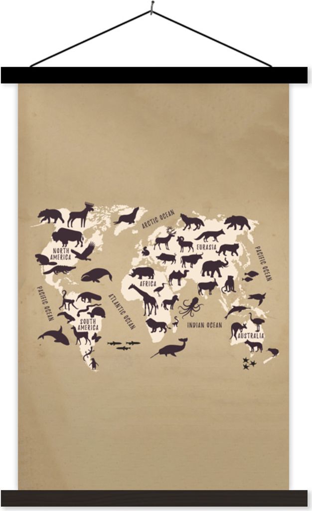 MuchoWow Textilposter Weltkarte - Retro - Tiere 60x90 cm mit schwarzem Rahmen - Poster Wohnzimmer