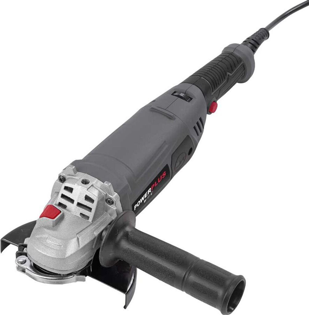 A studio shot of an angle grinder on a white background.