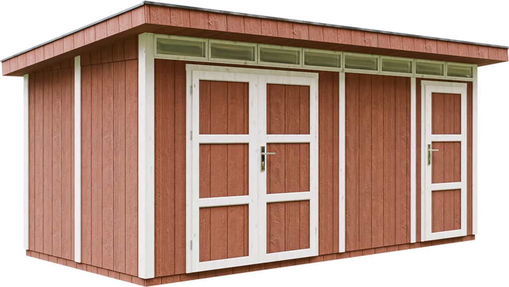 Gartenhaus 8.52+2.95 m² mit Boden und Bitumenfliesen - Geräteschuppen B530xL279xH237 cm - Motorradgarage, TIMBELA M905C - REDWOOD RED