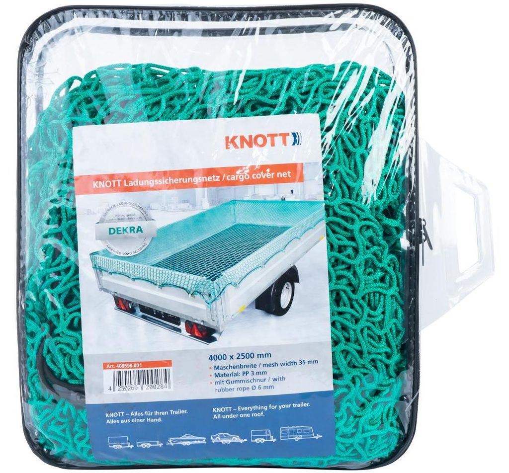 KNOTT Ladungssicherungsnetz 2500x4000 mm Anhängernetz für Pkw-Anhänger, Maschenweite 35x35 mm, Schutznetz grün