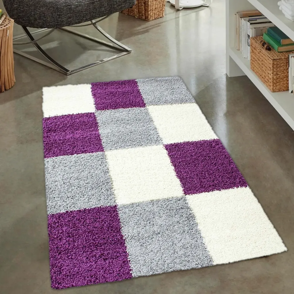 Tapis Shaggy à haut velours à carreaux lilas gris crème - 60x110 cm