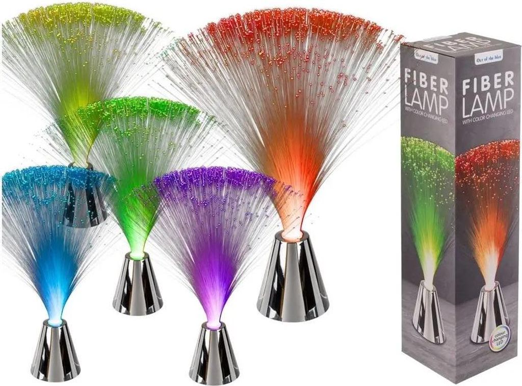 Several fiber optic lamps in different colors are displayed next to their packaging.