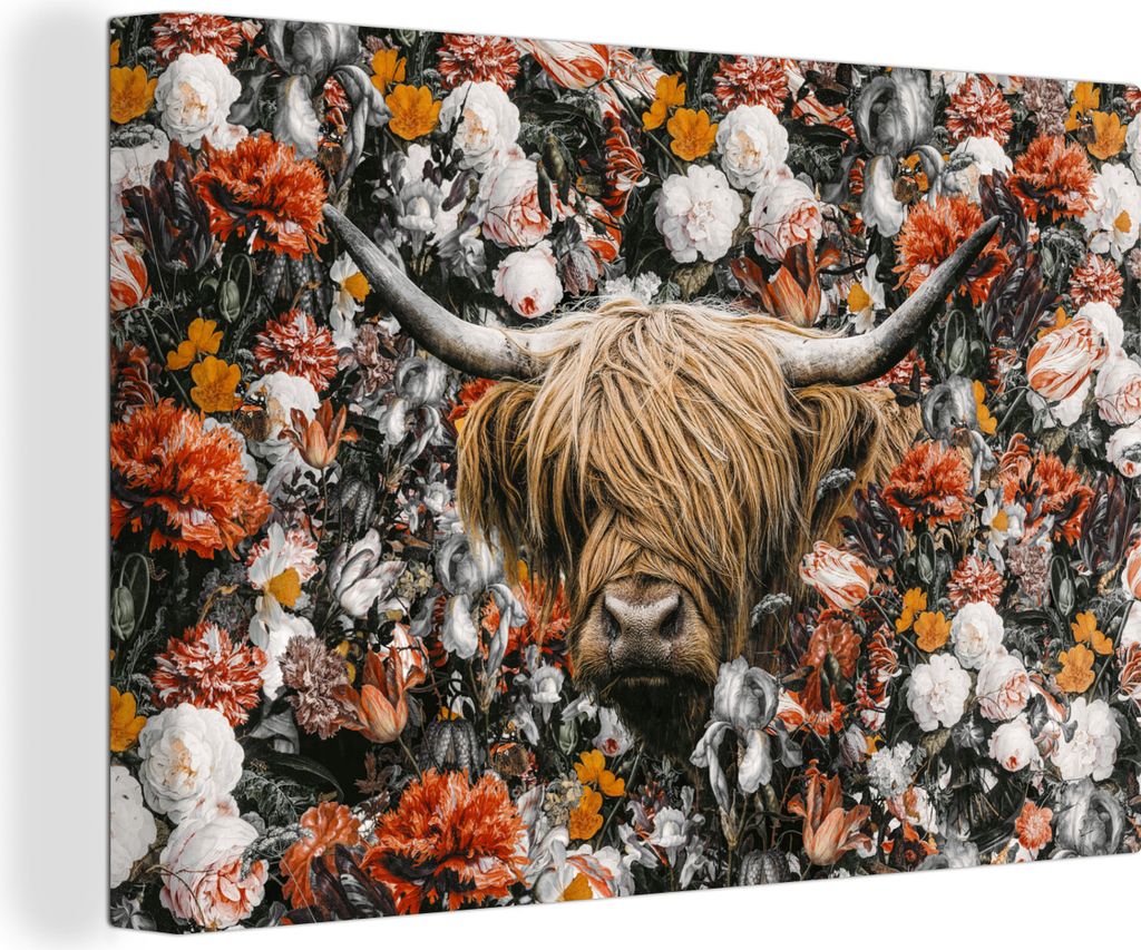 OneMillionCanvasses - Leinwandbilder - 150x100 cm, Schottisches Hochlandrind - Blumen - Schwarz - Weiß, Wandbilder Wohnzimmer Hochland Rind - Ti...
