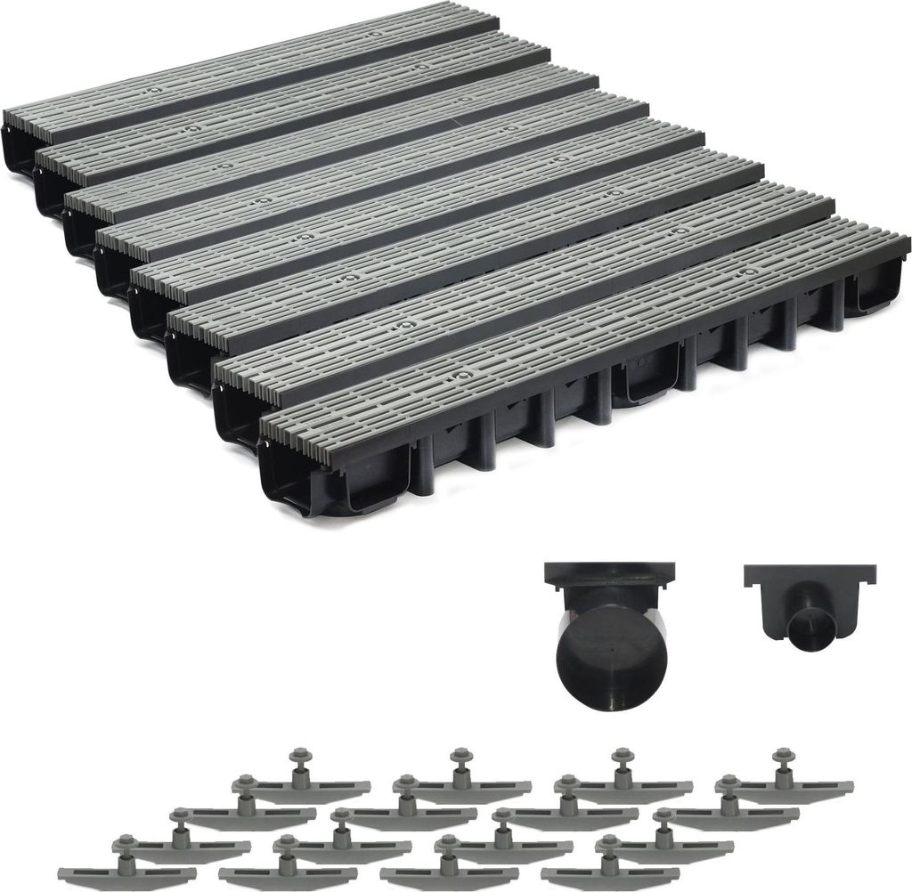 8m Entwässerungsrinne für modulares System A15 98mm, komplett Stegrost Kunststoff, Grau Line
