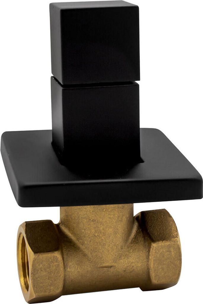 A close-up studio shot of a black and brass plumbing valve.