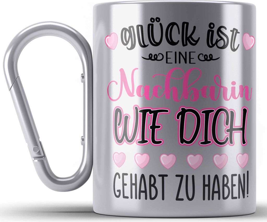 Trendation - Beste Nachbarin Edelstahl Tasse Karabiner Geschenk Geburtstag Freundin Lieblings Nachbarin Geschenkidee Weltliebste Nachbarin Abschied...