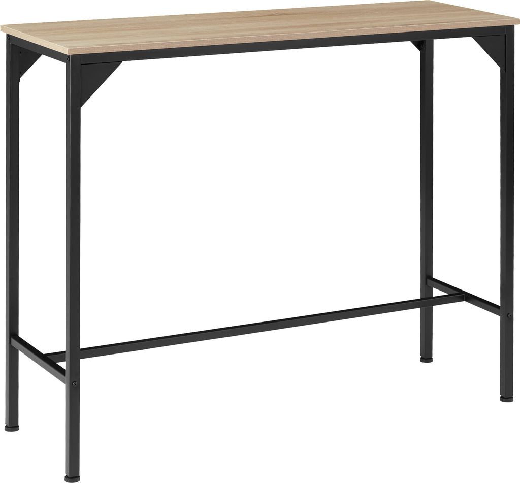 A high-top table with a tan wood-grain surface and black metal legs.