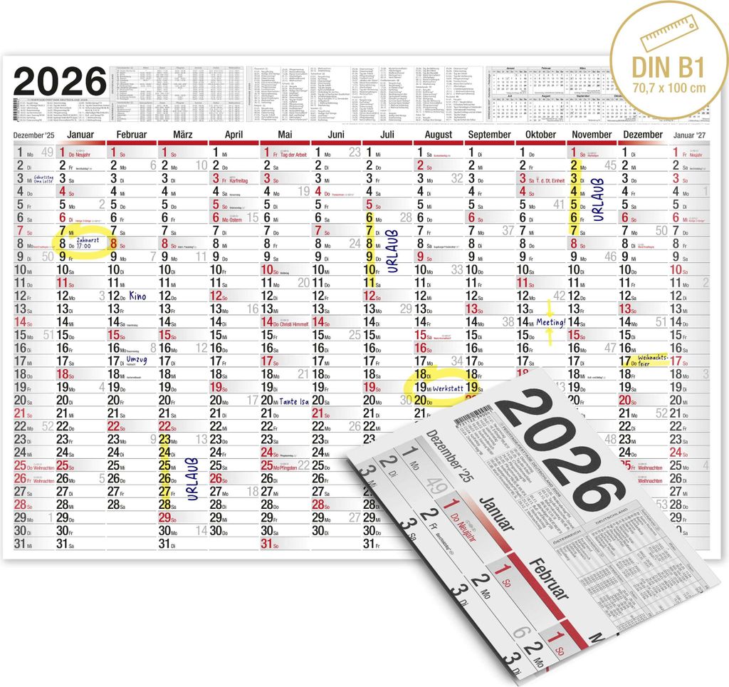 Wandkalender 2026 groß mit Feiertagen und Ferien DE, AT | Produktbild