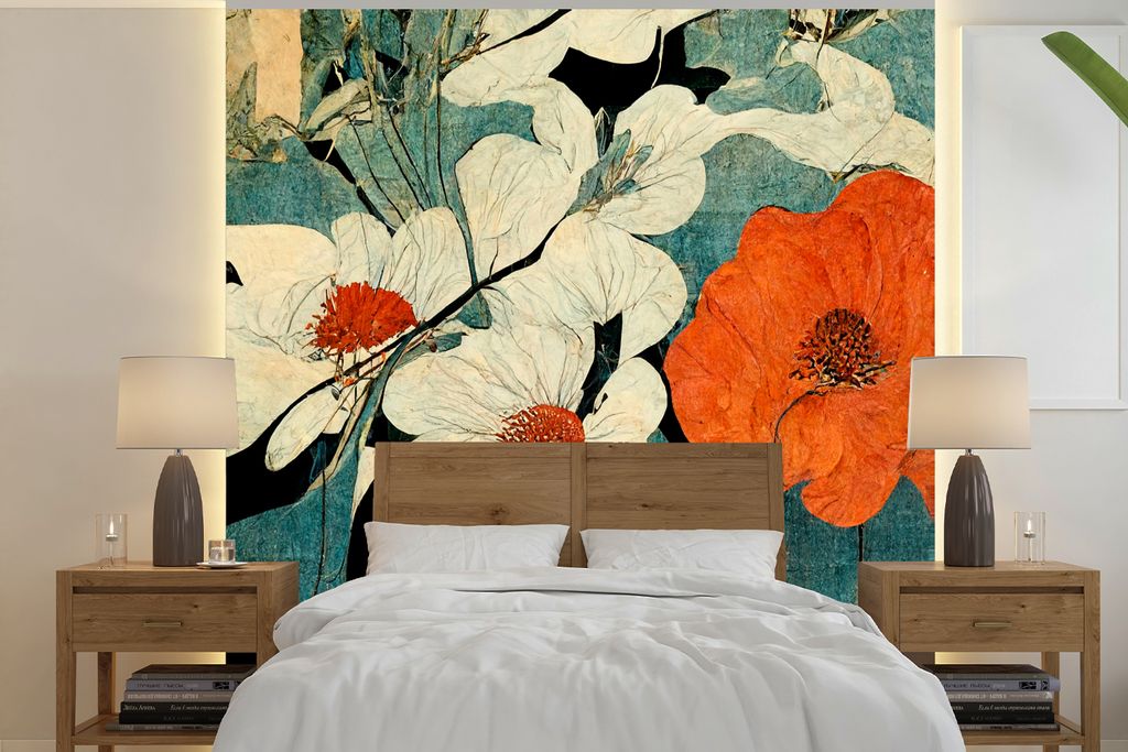 MuchoWow Fototapete für Wohnzimmer oder Schlafzimmer Wandtapete Vinyl Motivtapete Blumen - Pflanzen - Vintage - Asien - Orange - 240x240 cm - Sc...
