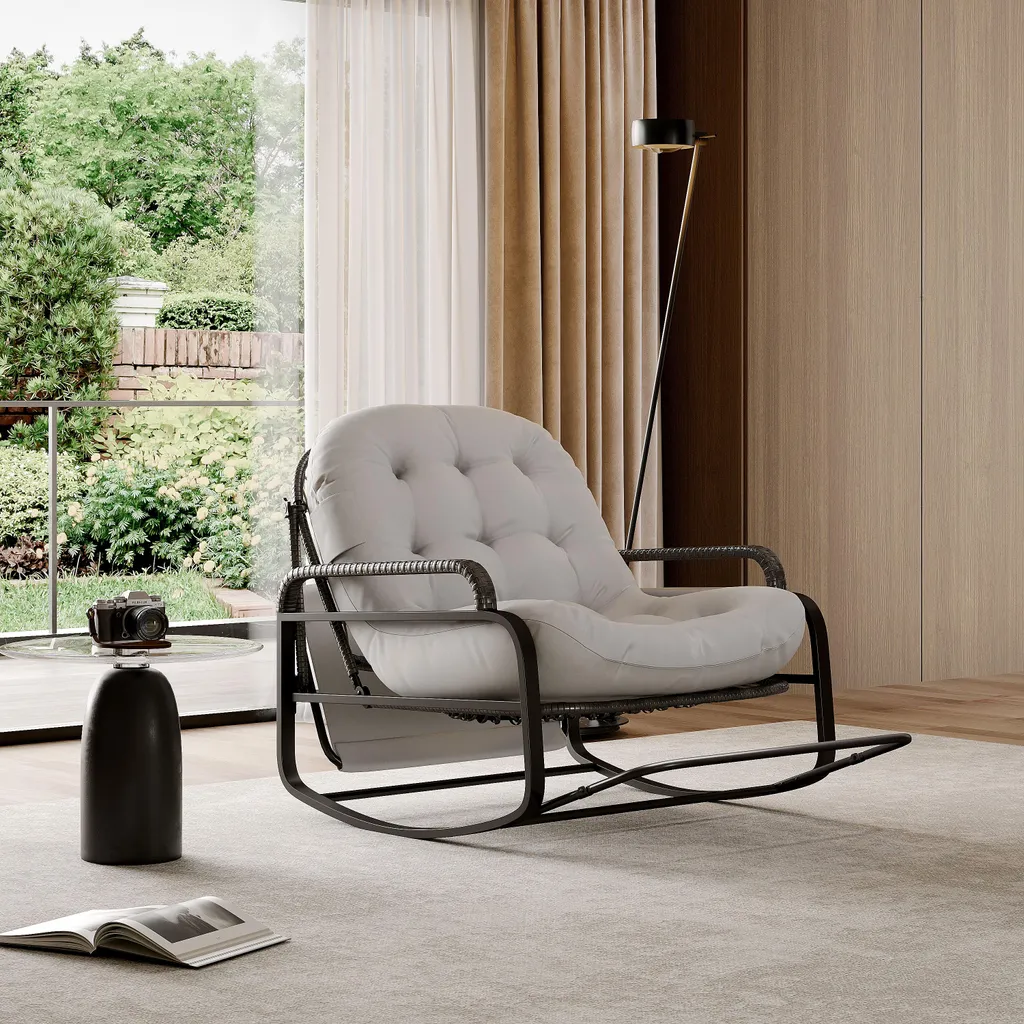 Sedia a dondolo in rattan con cuscini e struttura in metallo, ideale per giardino e soggiorno, grigio