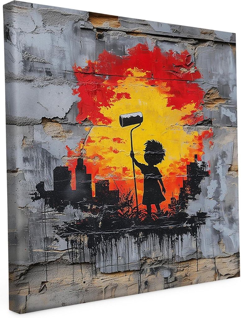 Banksy Motiv - Malerbursche - 20 x 20 cm - Wandbild auf Leinwand - matter Kunstdruck - Graffiti - Street Art - 2cm Holzrahmen - Keilrahmen bedruckt