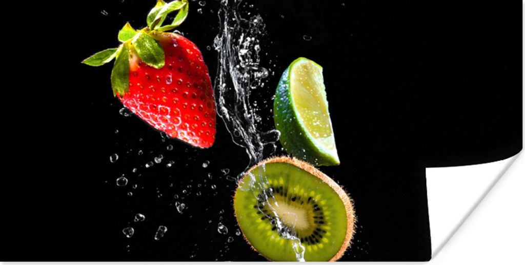 MuchoWow Poster Obst - Wasser - Schwarz - Stillleben Erdbeere - Kiwi 80x40 cm - Wanddeko