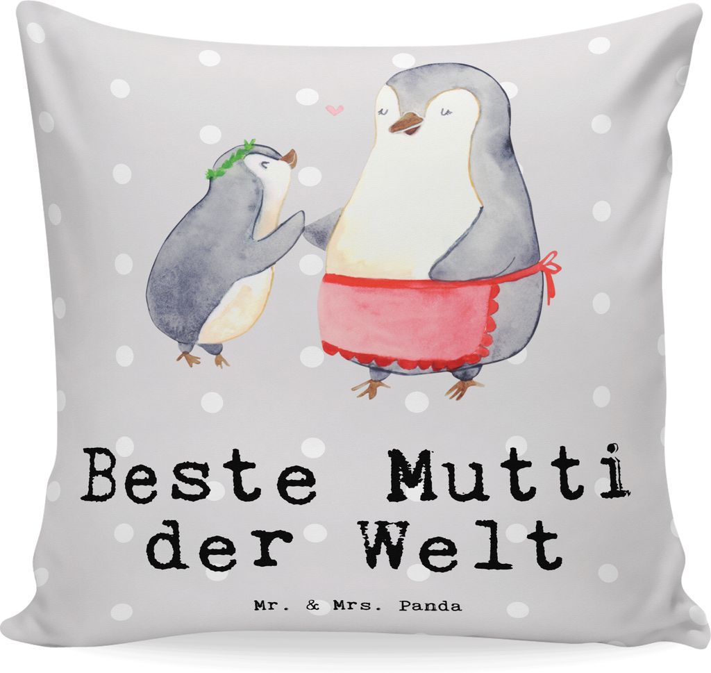 Mr. & Mrs. Panda Zierkissen Pinguin Beste Mutti der Welt - Grau Pastell - Geschenk, Deko Kissen, Kuschel, Ma, Dankeschön, Danke, 40x40, Kopfkissen...