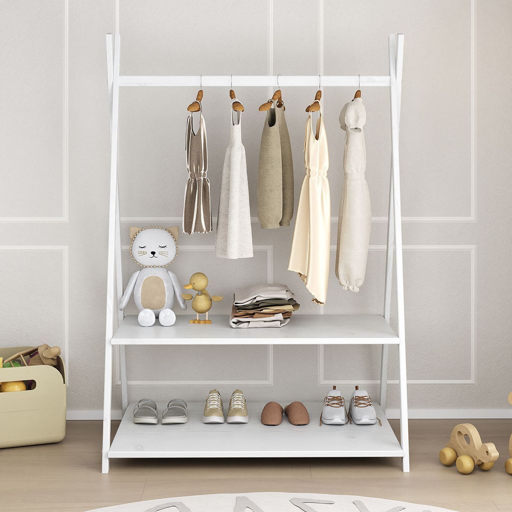 Kindergarderobe DANILO mit 1 Kleiderstange & 2 Ablageböden in weiß - Montessori Möbel für Kinderzimmer, freistehende Garderobe aus Massivholz m...
