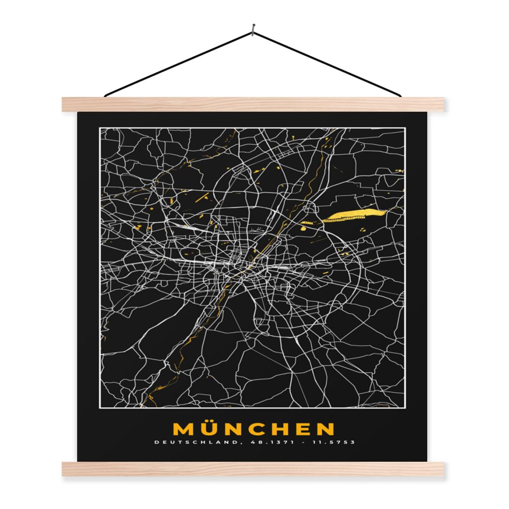 MuchoWow Textilposter München - Karte - Stadtplan - Gold - Deutschland 120x120 cm mit holzfarbenen Rahmen - Textil-Poster
