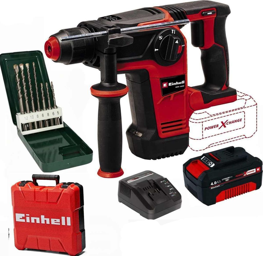 Einhell Professional Bohrhammer TP-HD 18/26 Li BL-18V Akku 4.0 Ah + Koffer, Bosch 7tlg.Bohrerset