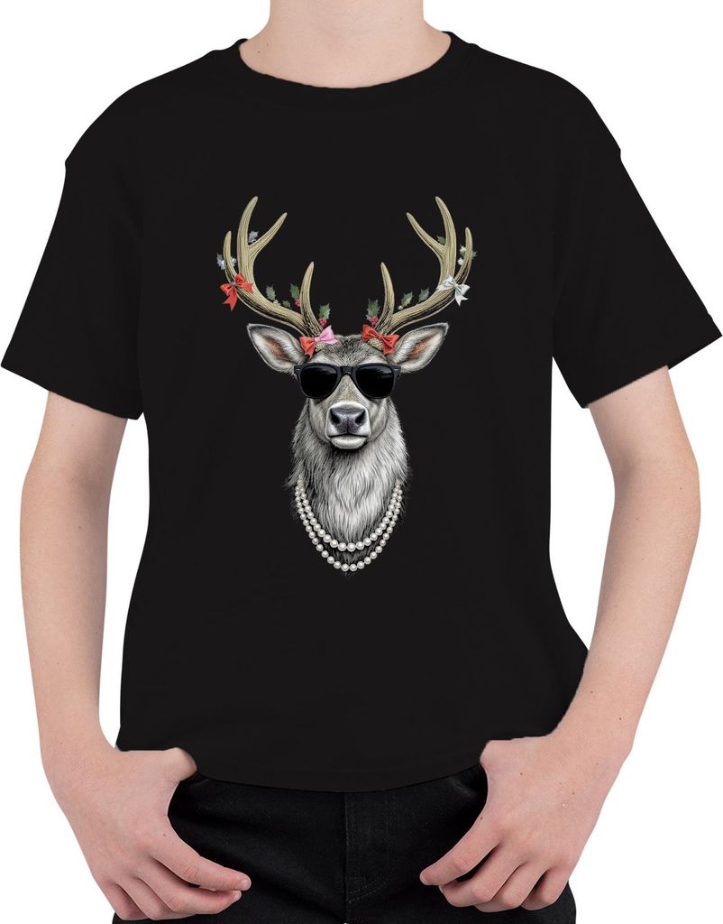 Cooles Rentier mit Sonnenbrille Perlenkette Weihnachten Retro Uni Kinder T-Shirt, Schwarz, 152